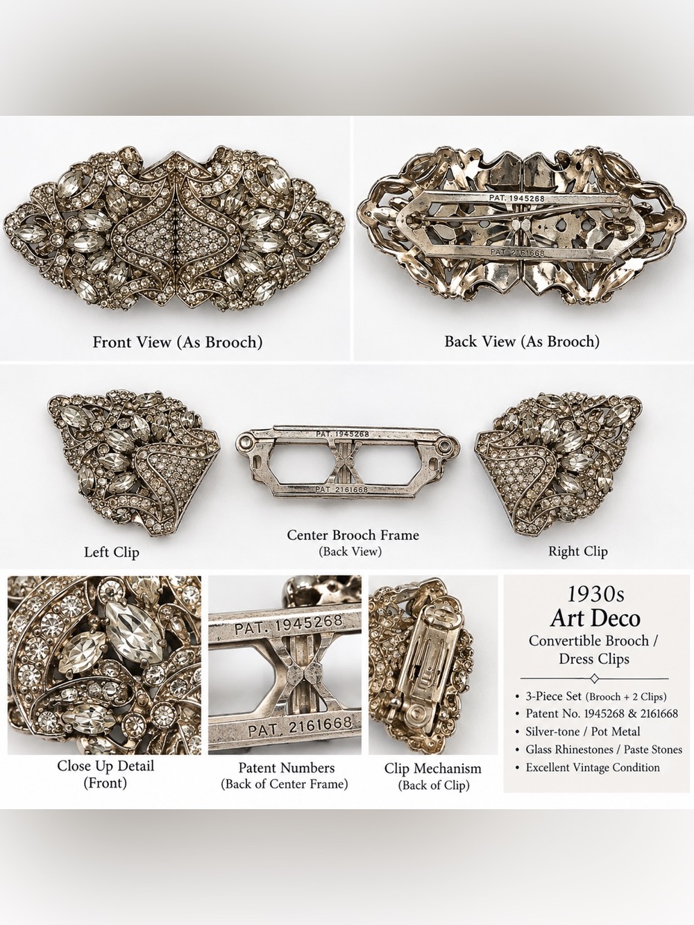 Vintage 1930s Art Deco Silver-Tone Convertible Dress Clip Set - Three-Piece